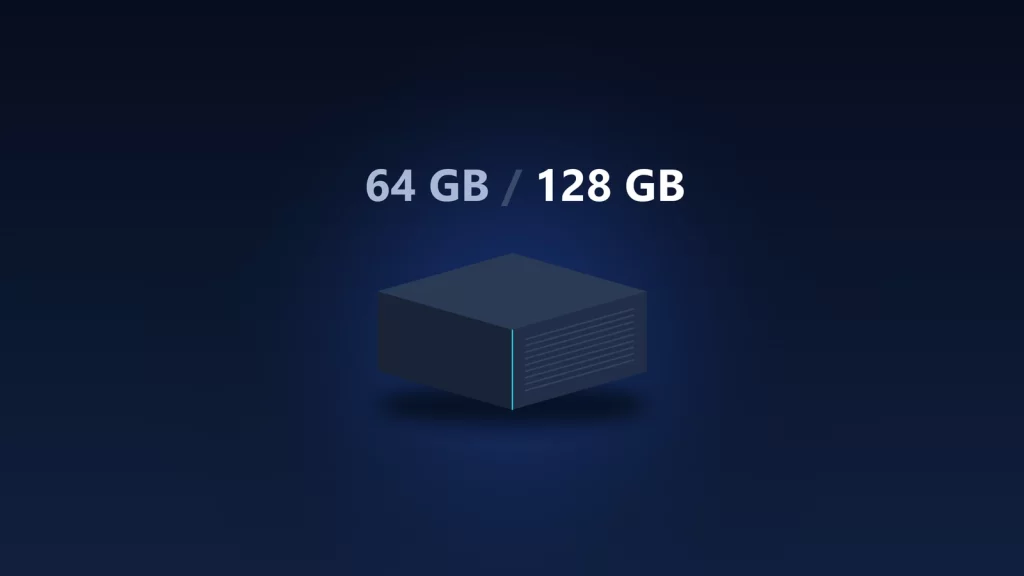 A compact desktop AI computer with the labels 64 GB and 128 GB above it