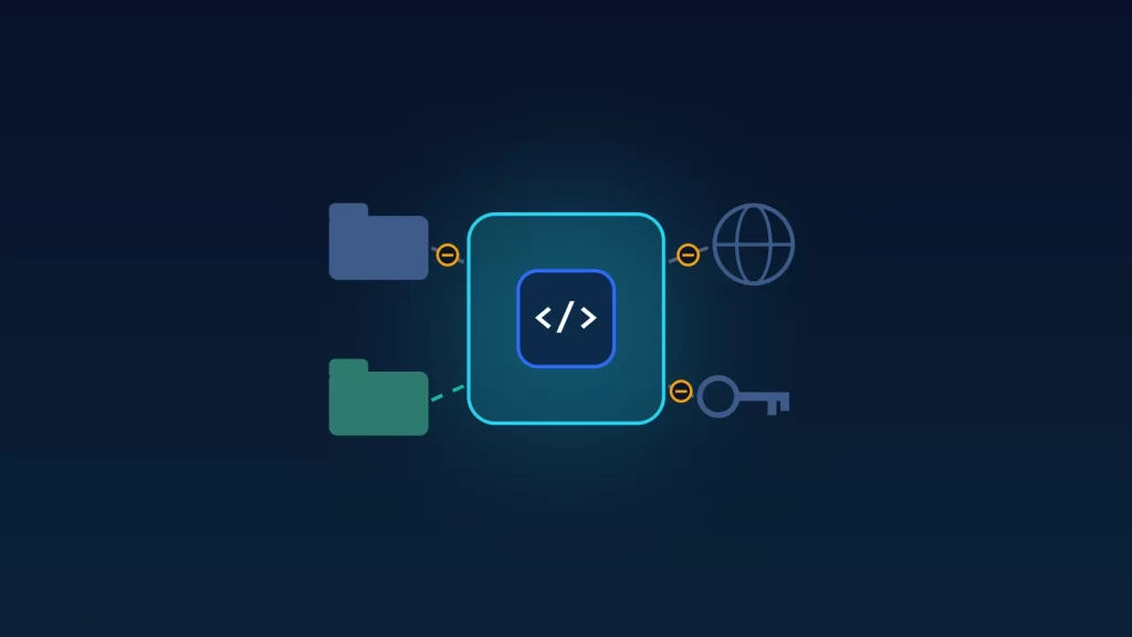 Illustration of an AI coding agent inside a glowing container: the project folder is connected, while other files, the network and credentials are gated outside