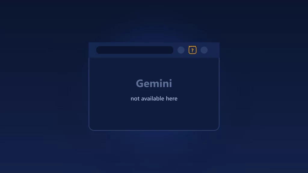 Illustration of a browser window whose toolbar has a missing button marked with a question mark and the words Gemini not available here