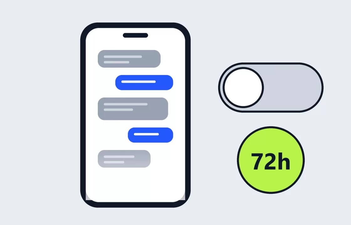 Illustration of a phone with chat bubbles next to a switched-off toggle and a 72h badge