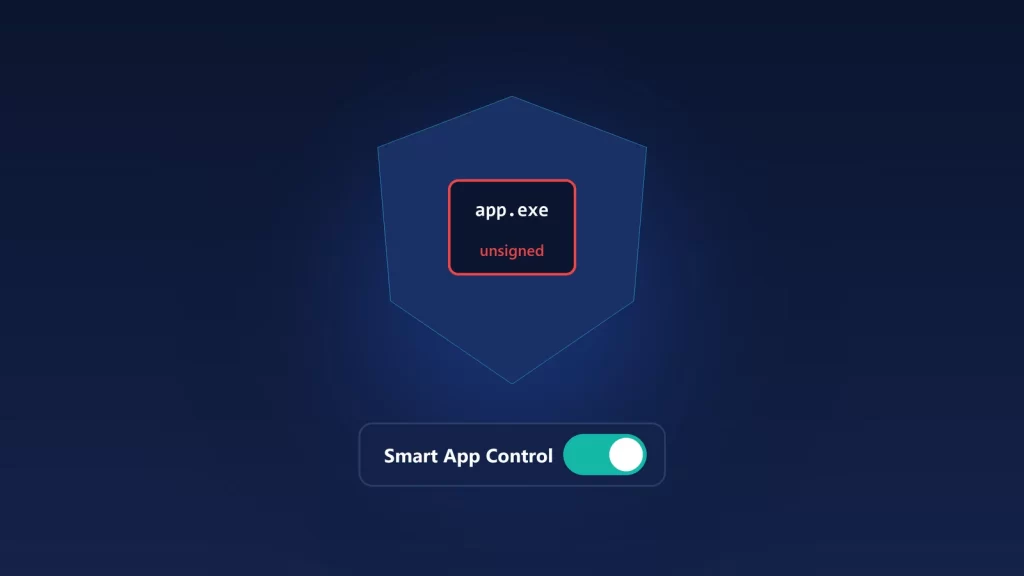 Illustration of a shield holding an unsigned app.exe, above a Smart App Control toggle switched on