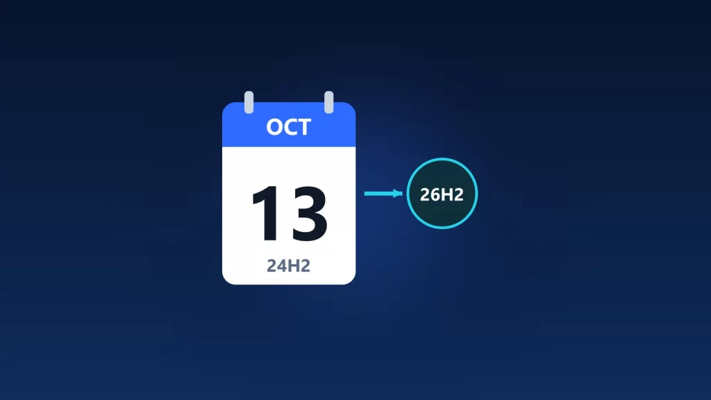 Calendar page showing October 13 above the label 24H2, with an arrow pointing to a 26H2 badge