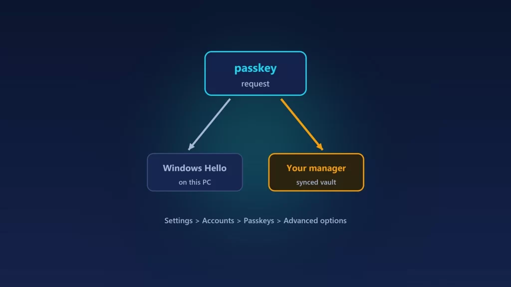 Illustration of a passkey request splitting between Windows Hello on this PC and a third-party password manager's synced vault